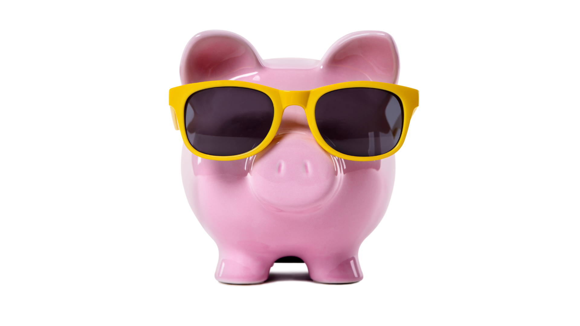 Pink Piggy Bank Wearing Yellow Sunglasses Looking Awesomely Cool for a Ceramic Pig.