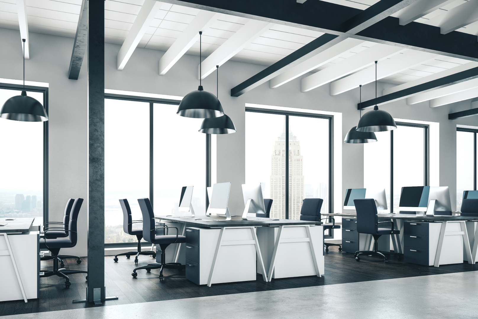 Empty Office with Desks, chairs and computers.